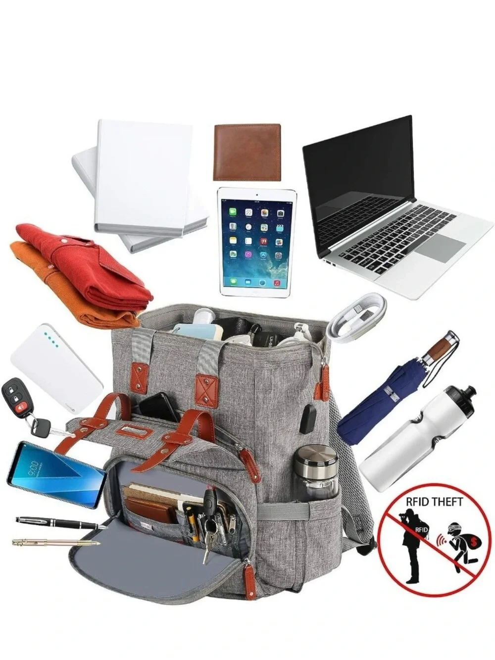 Falaniko Gray Backpack with Brown Trim Travel & Commuter Bag USB Charging Port